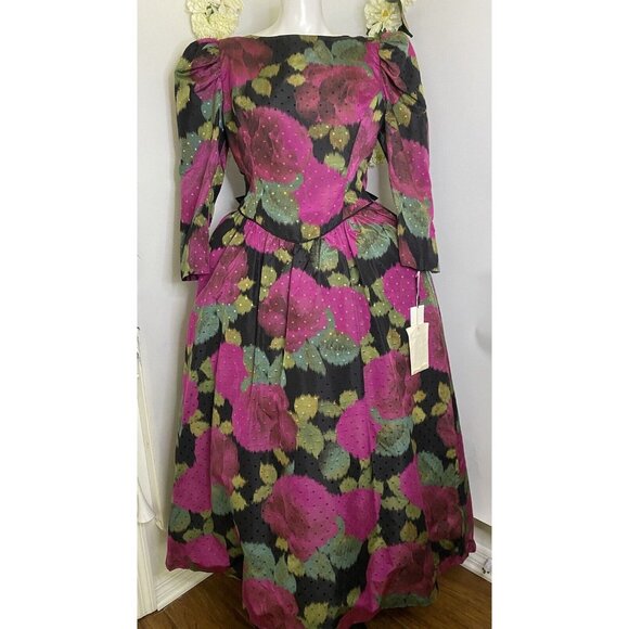 Vintage 80s Rare Hanae Mori 100% Silk Floral Formal Dress Bow Sz 10 Fits 6-8 NWT - Picture 1 of 16